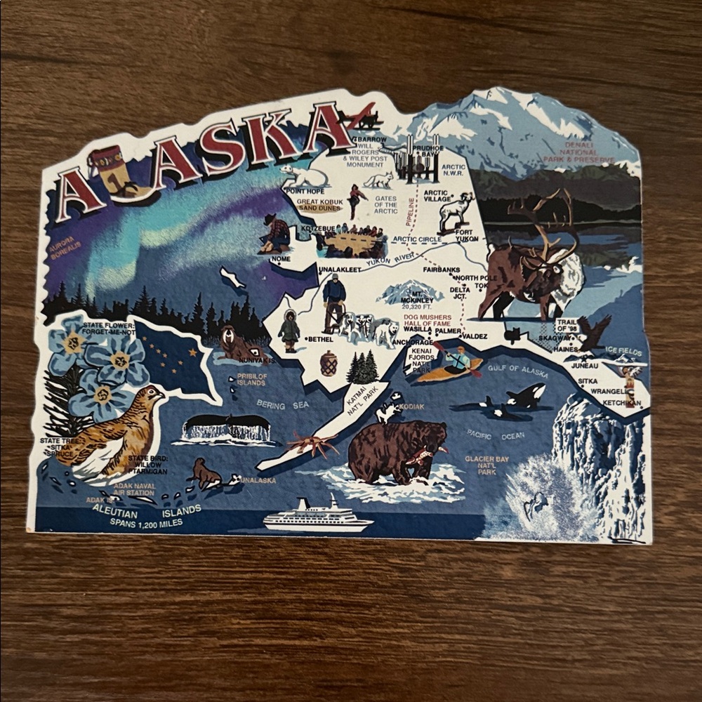 The Cats Meow Alaska Map wooden display Wildlife and Aurora